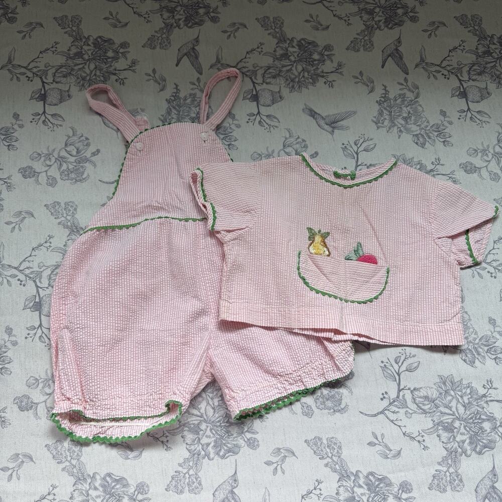 Vtg 90s Toddler Girl 3T Pink Green Gingham Seersucker Shortall Romper Shirt Set